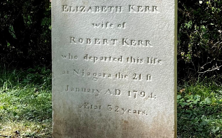 Restored stone of Elizabeth Kerr at St. Mark's Anglican Church, 2022.