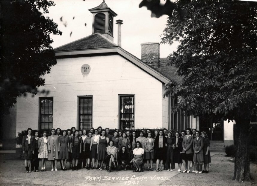 A photograph of the farmerettes at the Farm Service Camp, Virgil Public School, 1941.