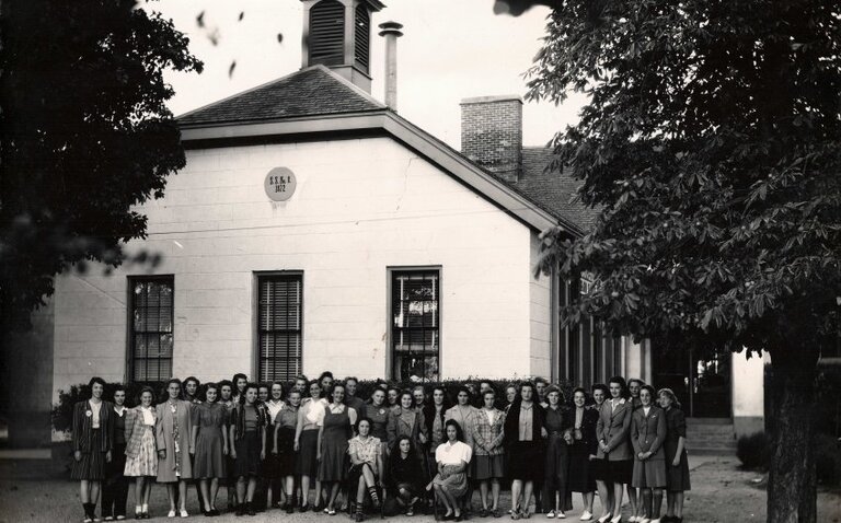 A photograph of the farmerettes at the Farm Service Camp, Virgil Public School, 1941.