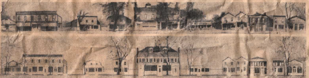 A panoramic view of Queen Street as it was in 1945, beside a composite image of the proposed renovation of the street.