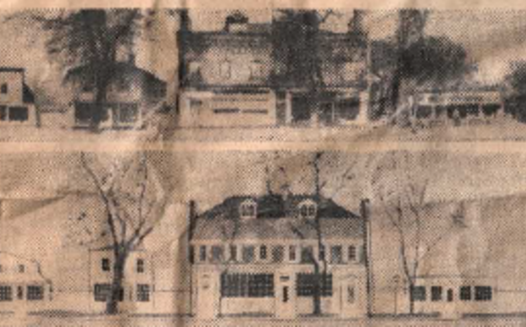A panoramic view of Queen Street as it was in 1945, beside a composite image of the proposed renovation of the street.
